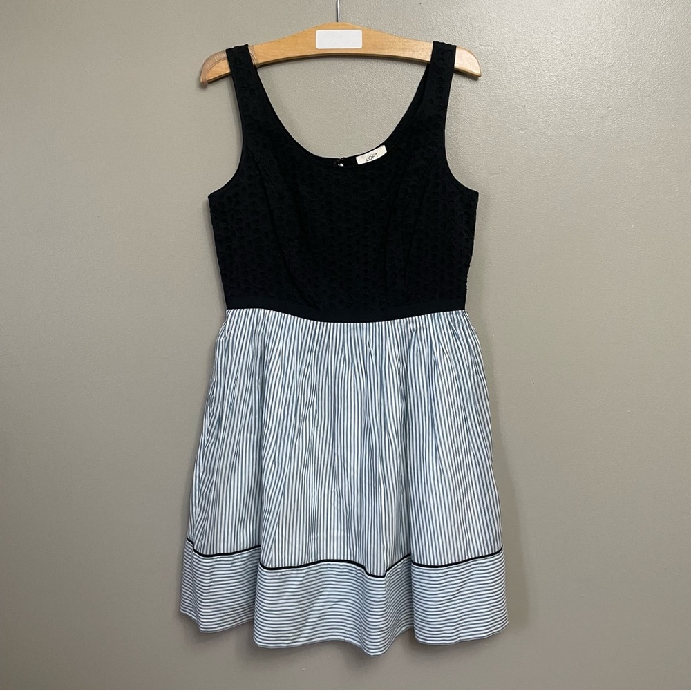 Ann Taylor Loft womens size 4 tank sundress eyelet lace top striped chambray